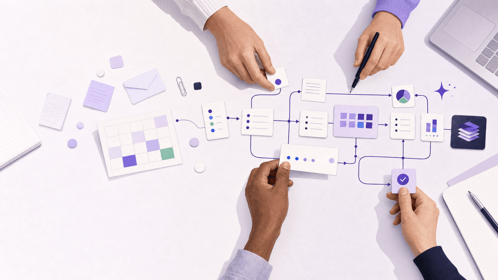 Hands arranging operational information into a clear connected workflow
