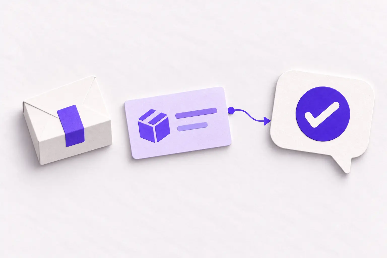 A replacement parcel and delivery record connected to a customer confirmation with a check mark.
