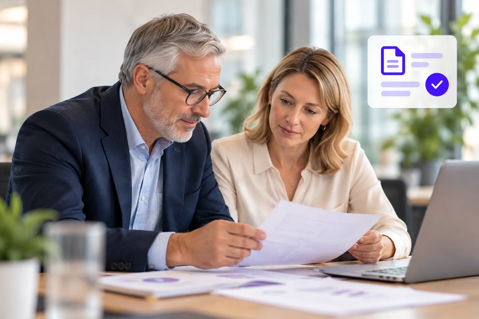 A business owner and colleague reviewing documents for a decision.