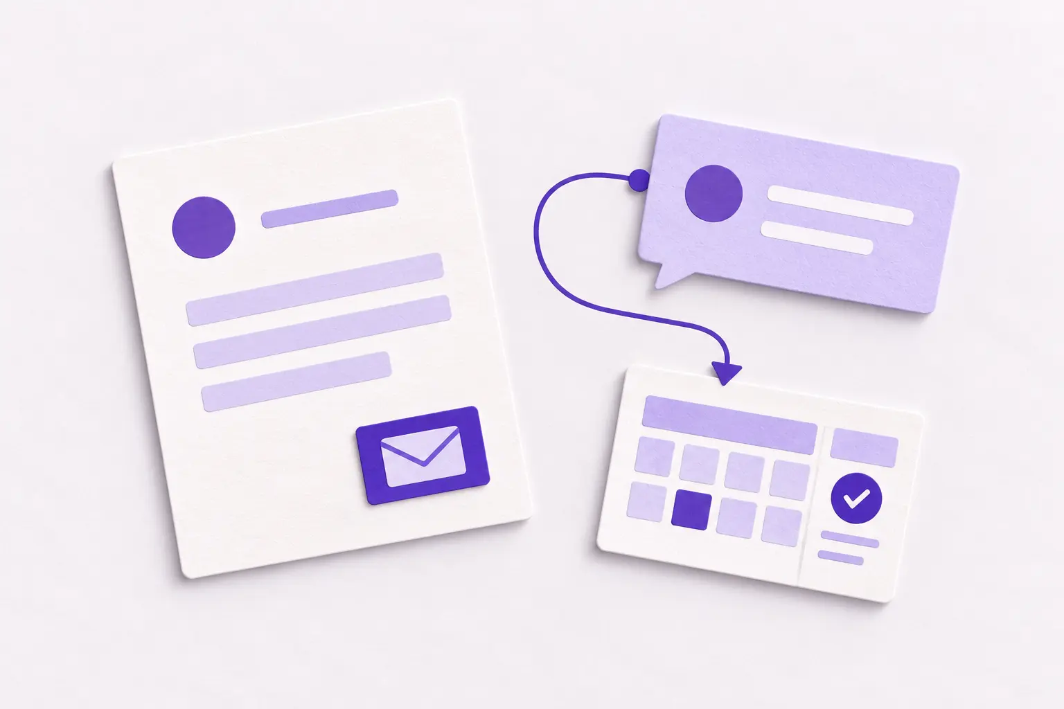 A proposal and customer reply linked to a calendar card for the next action.